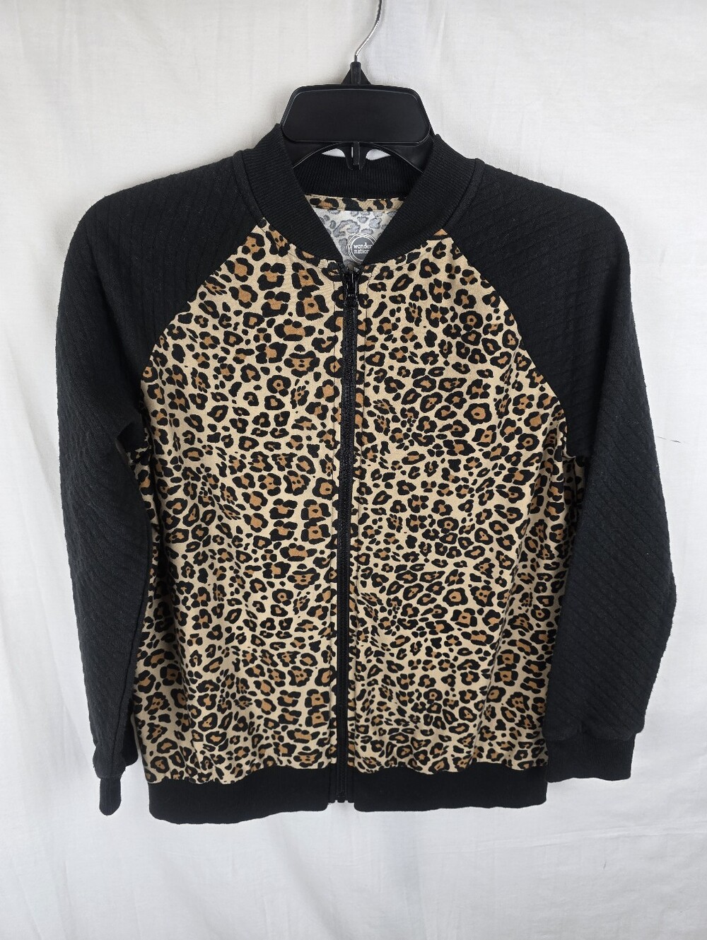 Wonder Nation Girl's Leopard Print Bomber Jacket with Black Sleeves Sz 14-16